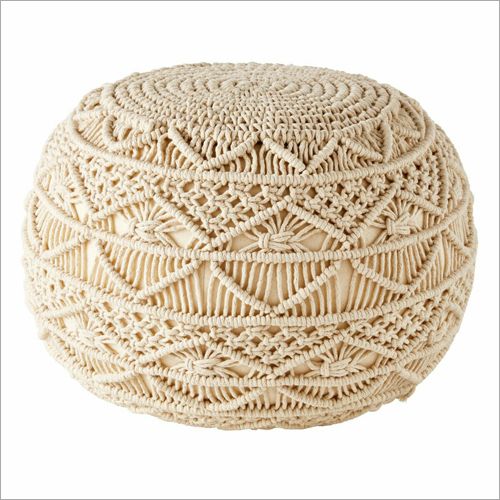 Creamy Round Cotton Macrame Knitted Pouf, for Home, Outdoor, Pattern : Embroidered