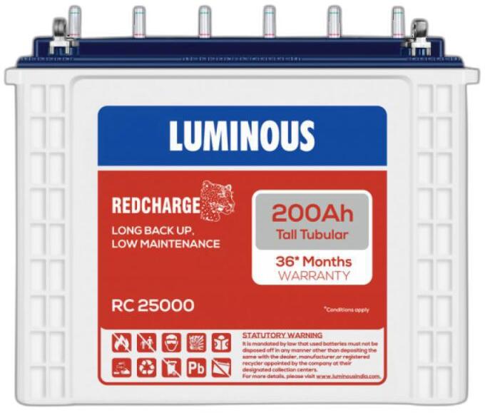 Luminous RC 25000 Tubular Inverter Battery, Feature : Long Life, Fast Chargeable, Long Back Up, Low Maintenance