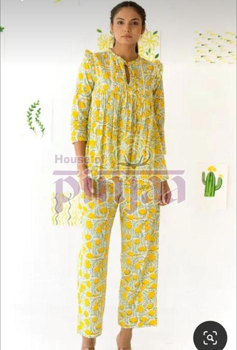 Yellow Printed Women Cord Set, Size : XL