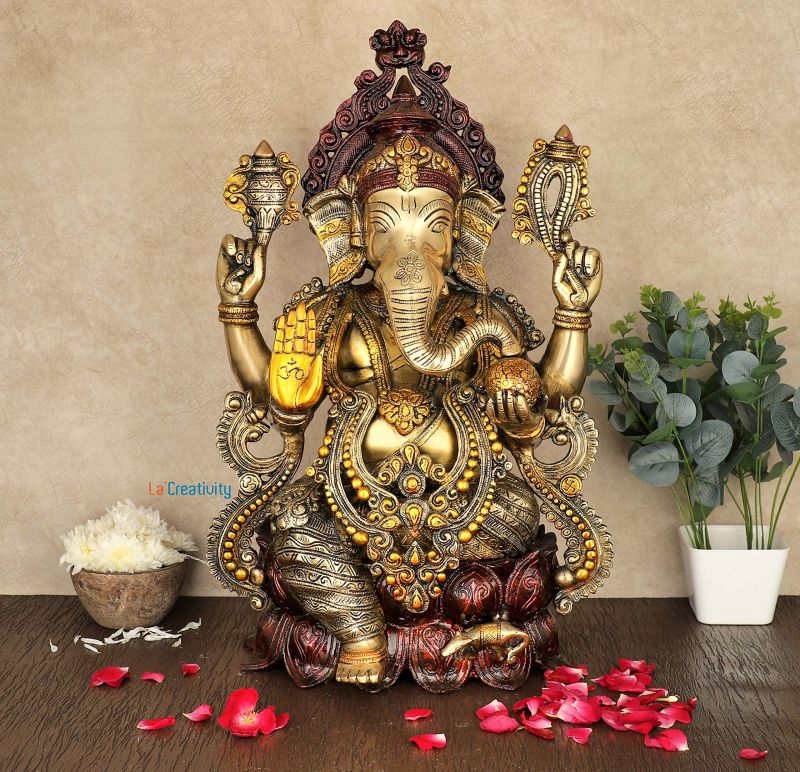 Polished Brass Ganesh Statue, for Office, Home, Gifting, Religious