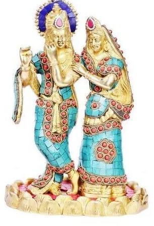 K.k Stone Inlay Brass God Radha Krishna Statue