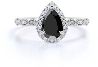 1.50 Ct Pear Cut Black Diamond Unique Halo Ring In 14k Gold