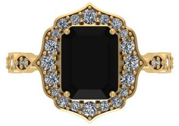 3.30 Carat Floral Black Diamond Emerald Cut 14k Yellow Gold Ring