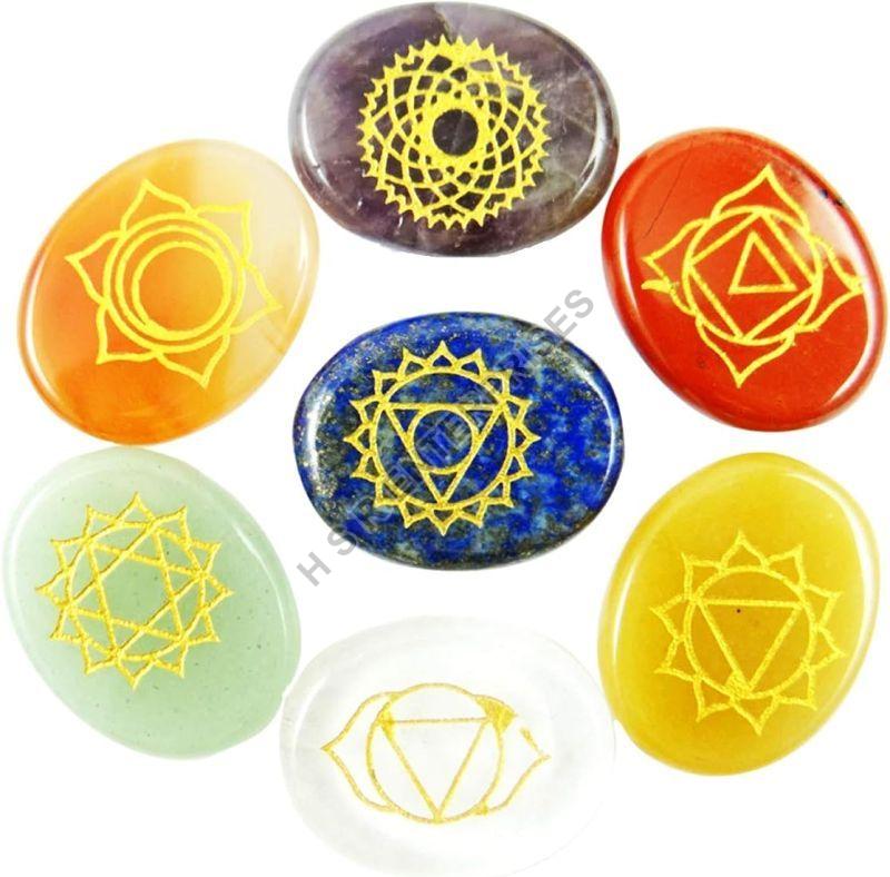 Multicoloured Round 7 Chakra Carved Reiki Set, for Healing Jewelry Gemstone, Size : Multiszes