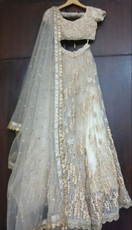 White Net Georgette Bridal Lehenga, Feature : Embroidered