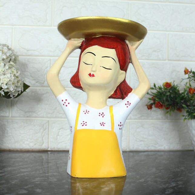 Resin Girl Holding Platter Statue