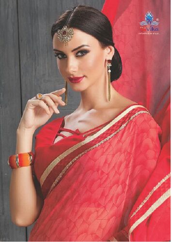 Georgette Printed Saree, Occasion : Casual, Color : Red