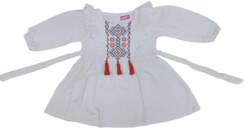 Ammi Cotton White Embroidery Kids Top, Pattern : Plain