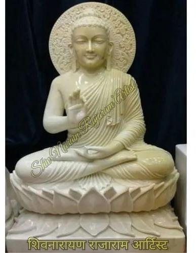Creamy 41 Inch Marble Buddha Statue, for Worship, Pattern : Carved