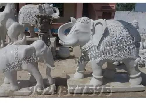 White Polished Marble Elephant Statue, for Interior Decor, Pattern : Carved