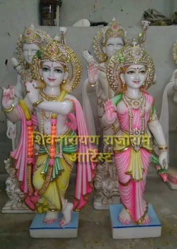 Multi Color Painted Marble Radha Krishna Statue, for Worship, Size : Standard