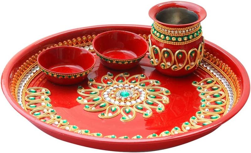 Polished Stainless Steel Decorative Pooja Thali, Feature : Durable