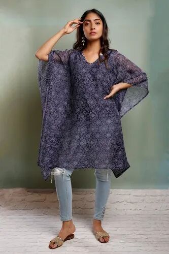 V Neck Blue Bandhani Kaftan, Occasion : Casual Wear