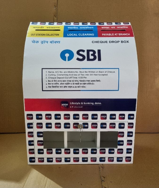 Top round sbi metal cheque drop box, for Bank Use, Pattern : Printed