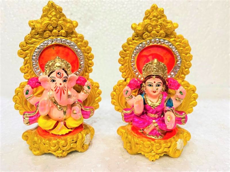 Multicolour Clay Eci-3 Color Laxmi Ganesh Set, For Diwali, Dimension : 5.3 Inches