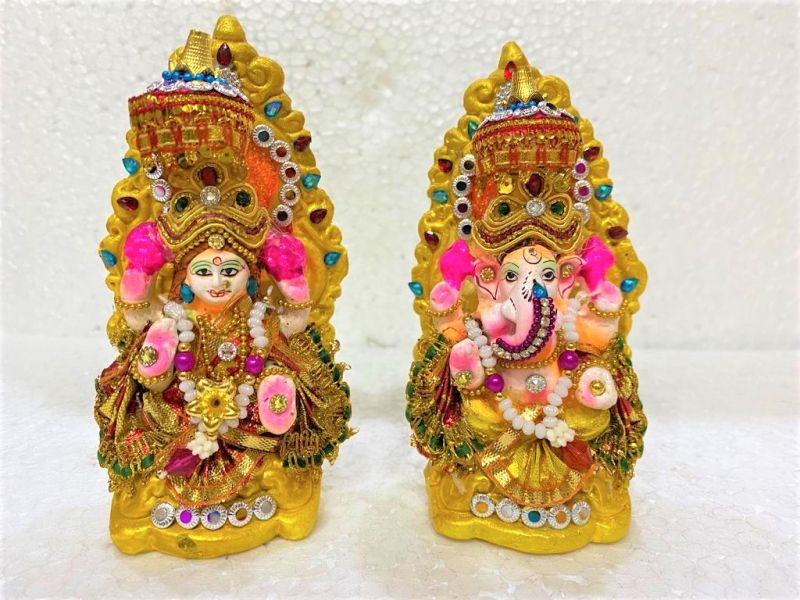 Multicolour Clay Eci-5 Deco Laxmi Ganesh Set, For Diwali, Size : 5.5 Inches