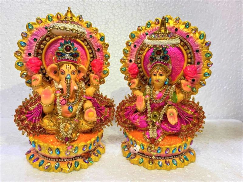 Multicolour Clay Eci-6 Deco Laxmi Ganesh Set, For Diwali, Festival, Size : 7.6 Inches