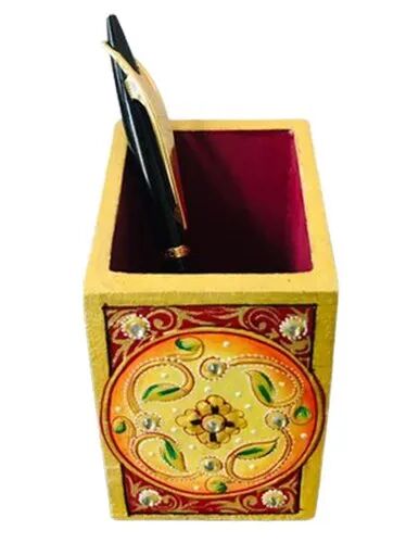 Wooden Handmade Pen Stand, for Home, Color : Yellow