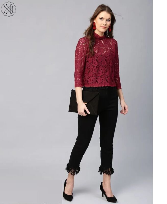 Maroon Lace Zipper Top, Size : All Sizes