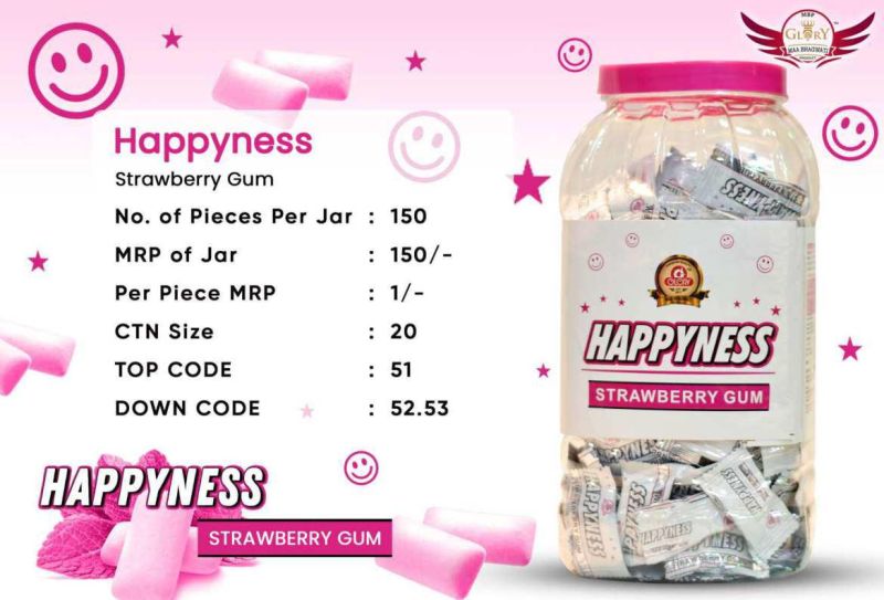 Pink Happyness Strawberry Flavoured Chewing Gum, Packaging Type : Plastic Box