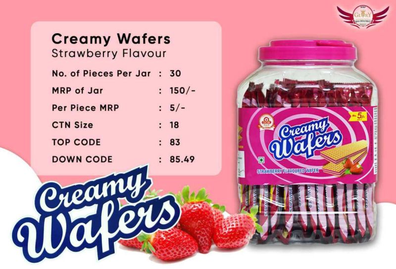 Glory Strawberry Flavour Creamy Wafers, Packaging Type : Plastic Box