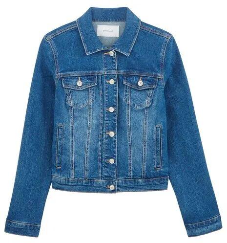 Blue Full Sleeve Regular Fit Denim Jacket, Closure Type : Button Closure