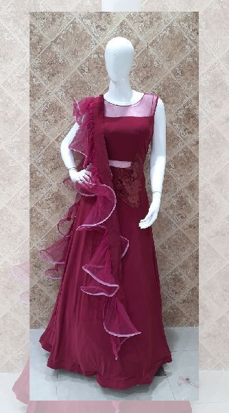 Cotton Ruffle Gown, Color : Maroon