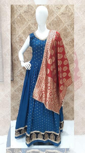 Embroidered Traditional Gown, Color : Blue