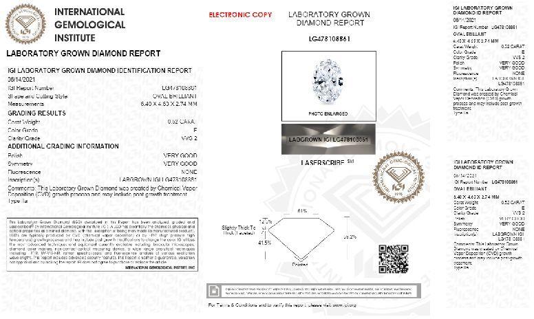 0.52 E VVS2 Oval Brilliant CVD IGI Certified Polish Diamond