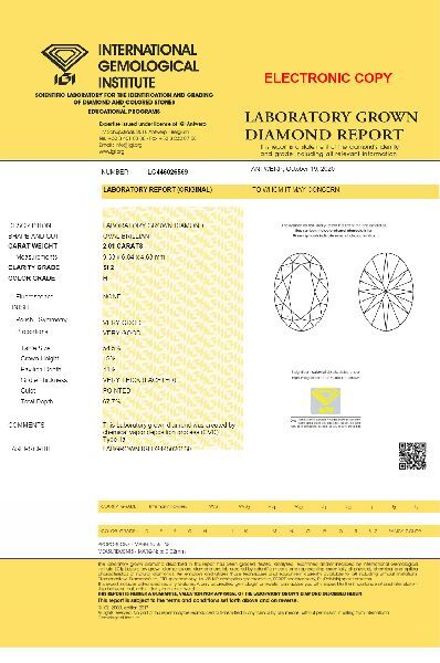 2.01 H SI2 Oval Brilliant CVD IGI Certified Polish Diamond