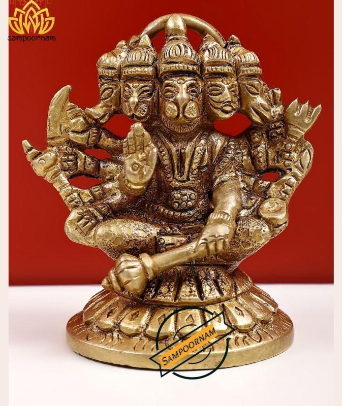 Sampoornam Golden (Gold Plated) Super polished brass panchmukhi hanuman statue, for Worship, Size : 7 inch