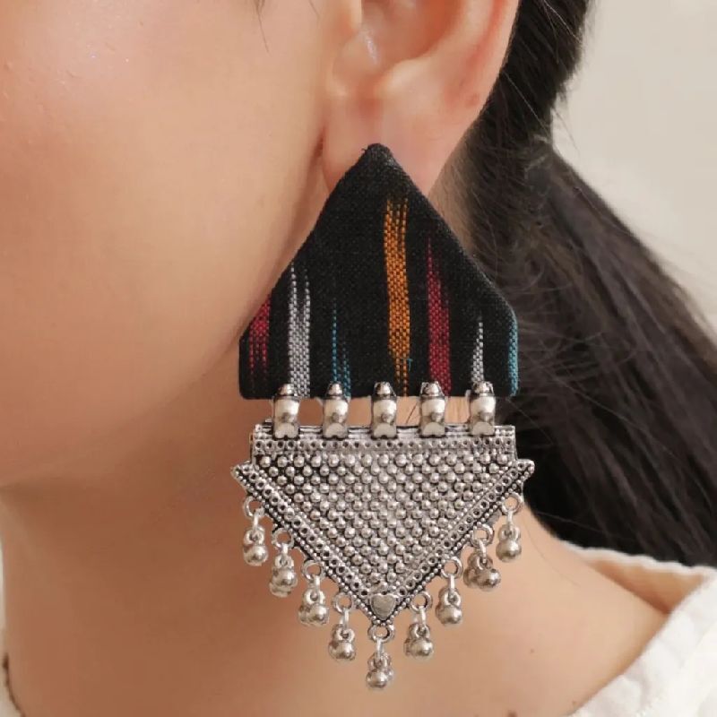 Polished Metal Ikat fabric earrings, Style : Antique