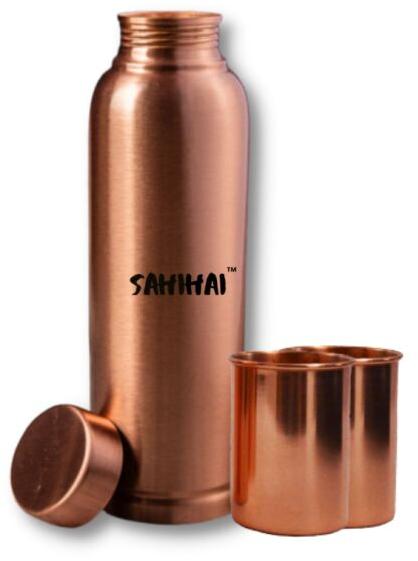 Plain Round Copper Water Bottle With 2 Glass Set