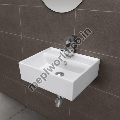White Rectangular Ceramic Glossy Wall Hung Wash Basin, for Bathroom