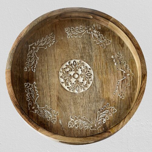 Circular wooden serving tray, Size : 12x12x2 inch