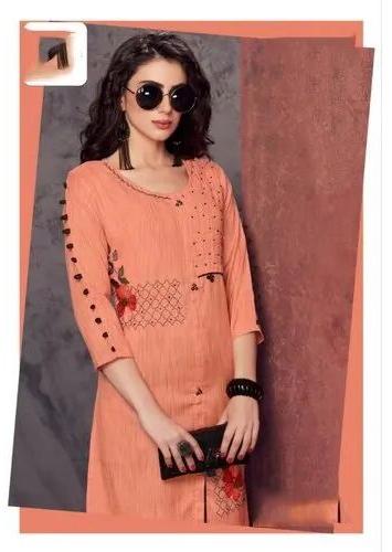 3/4th Sleeve M-XL Embroidered Georgette Kurti, Occasion : Casual Wear