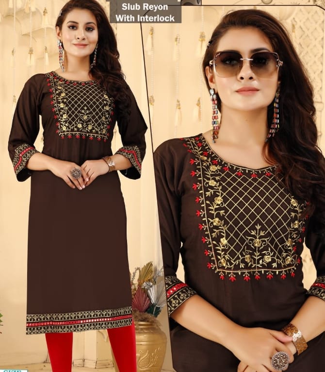 Brown Rayon Slub Straight Kurti