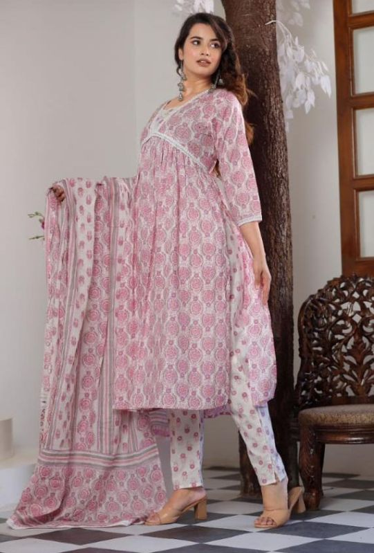 Pink Cotton Printed Alia Cut Suit, Occasion : Casual Wear