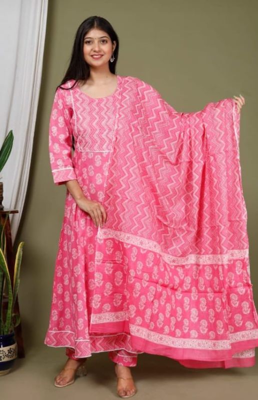 Pink Cotton Printed Anarkali Kurti Set, Size : XL