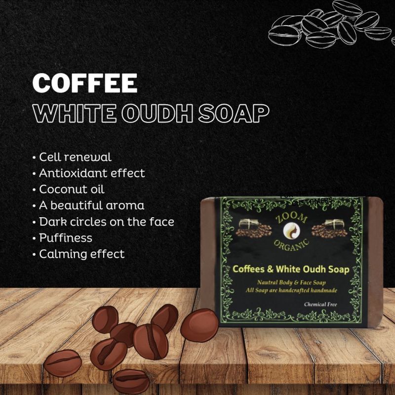 Dark Brown Solid Square Coffee & White Oudh Soap, Packaging Type : Paper Box