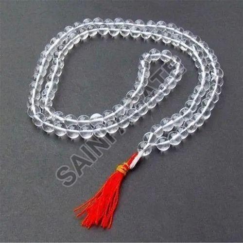 Round Polished White Crystal Mala, for Pooja, Feature : Fine Finishing, Light Weight, Shiny Looks
