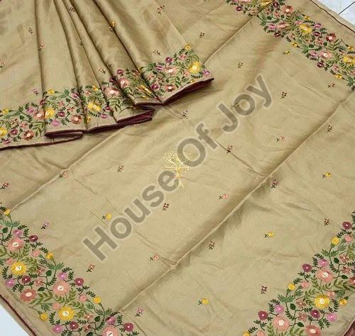 Printed Embroidered Tussar Silk Saree, Occasion : Party Wear
