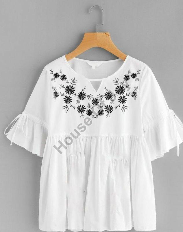 White Half Sleeve Cotton Ladies Embroidered Top, Feature : Stitched, Easy Washable, Breathable