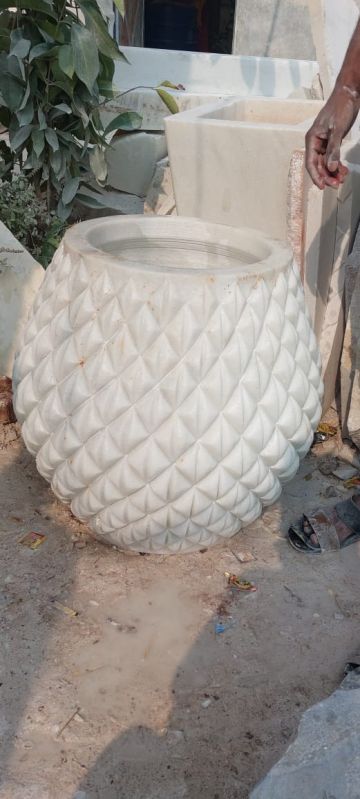 Round Polished Plain White Marble Pot, for Garden, Home, Office, Style : Modular