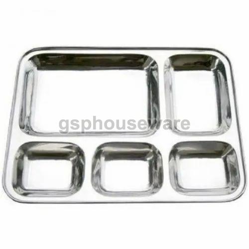 Silver Rectengular Rectangluar Stainless Steel 4 Compartment Plate, for Packaging Food Items