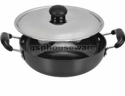 Black Round Hard Anodized Deep Kadhai, for Cooking, Feature : Light Weight, Fine Finished