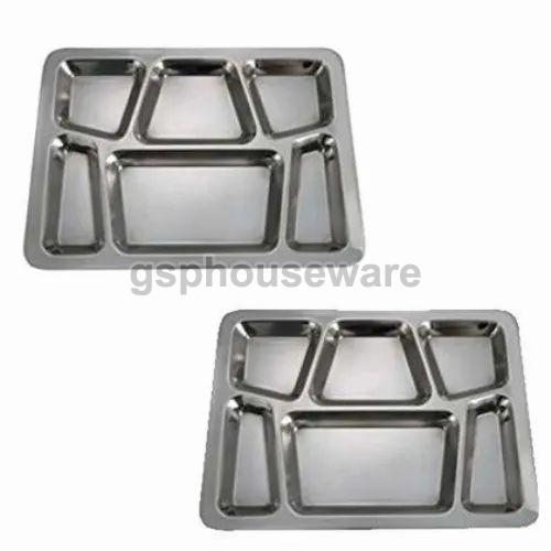 Silver Rectengular Stainless Steel 6 Compartment Plate, Size : 360 X 270 X 30 Mm