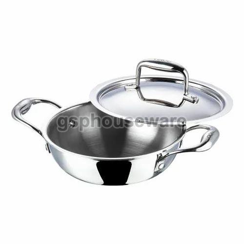 Triply Stainless Steel Kadhai, for Cooking Use, Feature : Sturdiness, Light Weight, Anti-corrosive