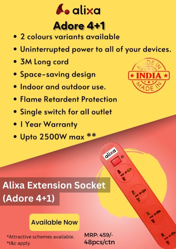 Alixa Red/grey Abs 300gram Extension Board, For Upto 2500w, Length : 3mtr