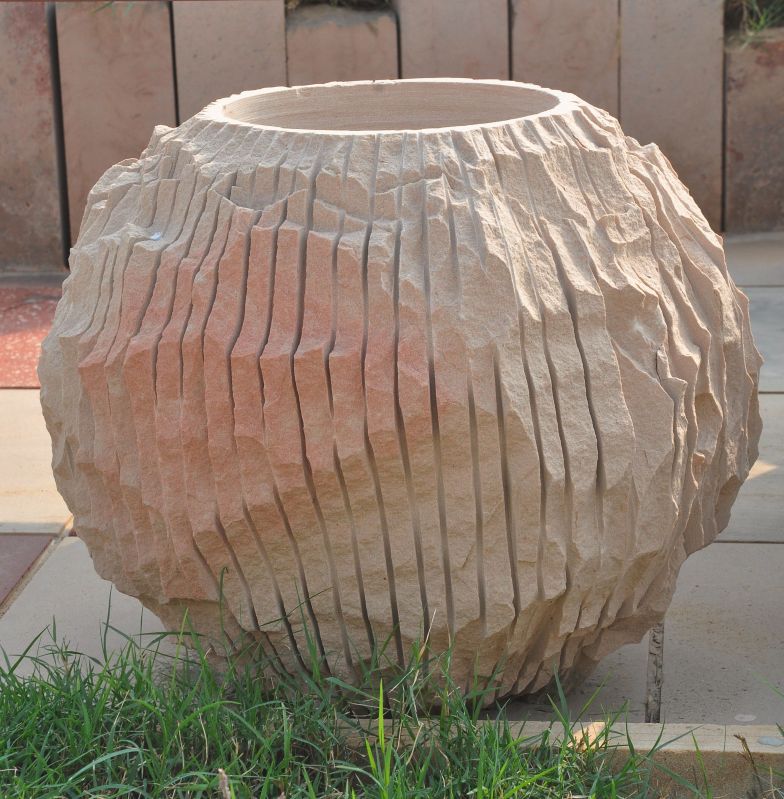 Round 50 kg natural sandstone stone garden planter, for Decoration, Size : 16 inch